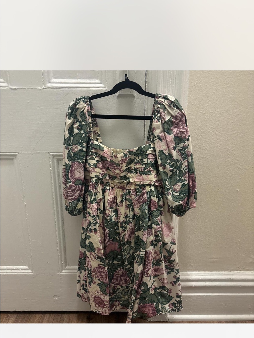Abercrombie & Fitch Floral Puff-Sleeve Mini Dress in Cream, Green, Pink